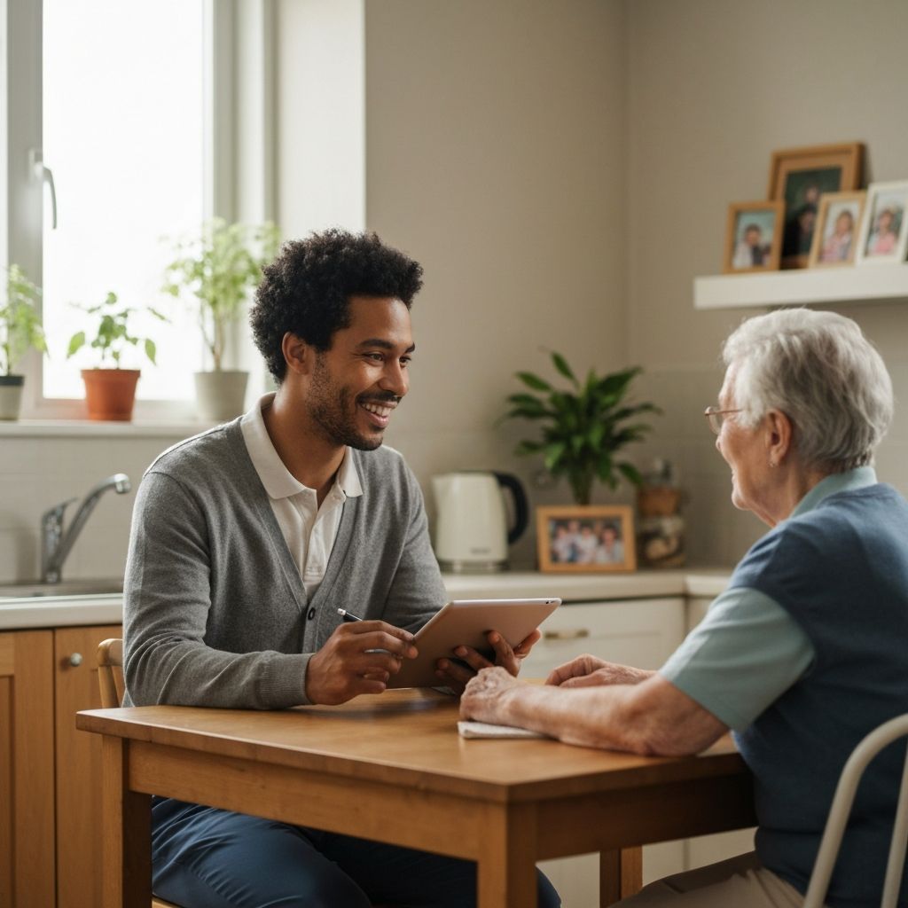 Community health worker having a caring conversation with an elderly person in their home